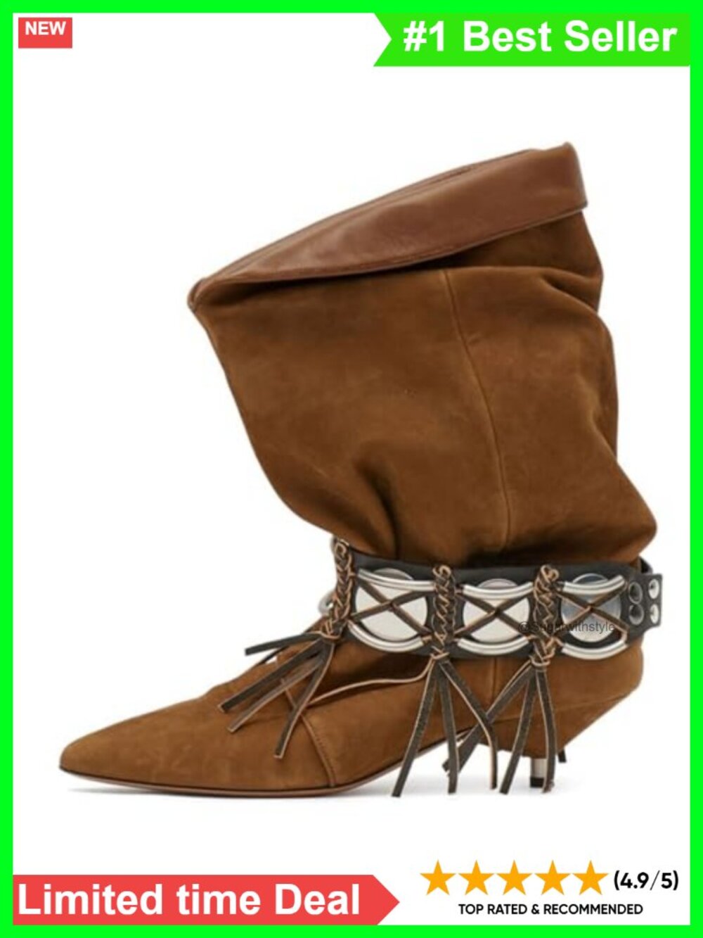 Western Cowboy Boots Slouchy Fringe Ruched Slip-On Mid Calf Kitten Heel Pointy